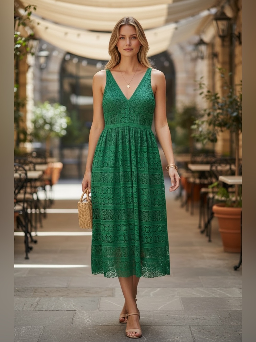 ANTONIO MELANI Green Ruth Mosaic Lace Midi Dress Sz 4 Small NWT Cocktail Luxury